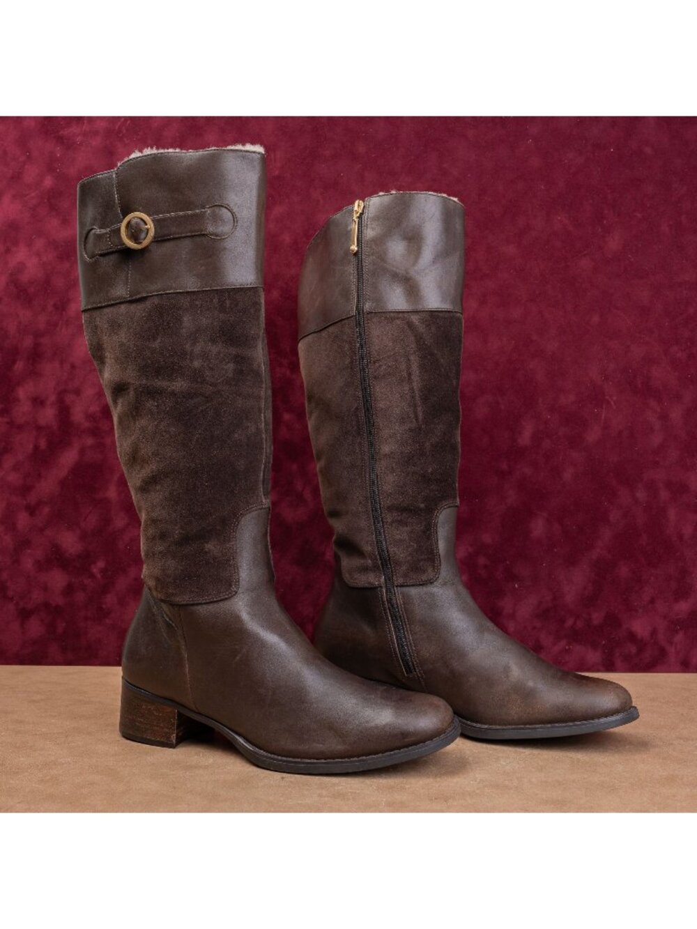 Rockport Women Brown Leather Suede Vintage 90s Fleece Riding Wide Calf Boots 10